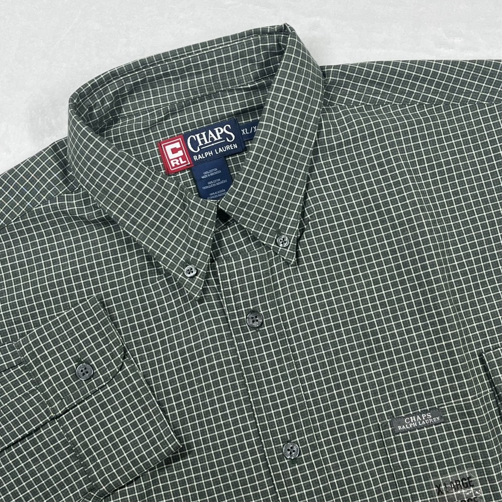 Vintage Chaps Ralph Lauren Button Down Shirt Men's‎ XL Green Navy Check Preppy